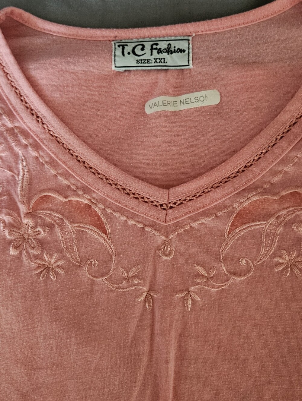 T.C  Fashion Pink Embroidered V-Neck Top